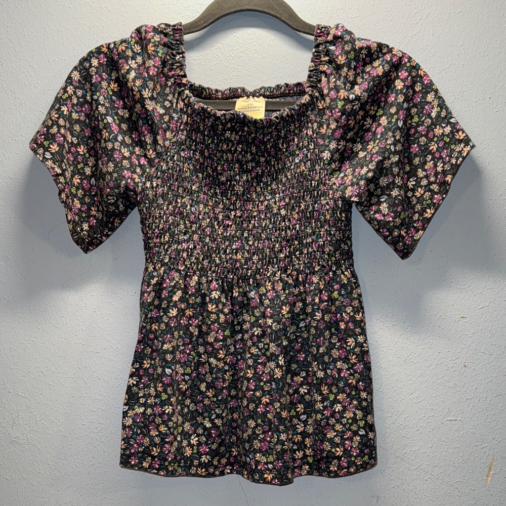 Floral Kids Blouse - Black with Multicolor Flowers